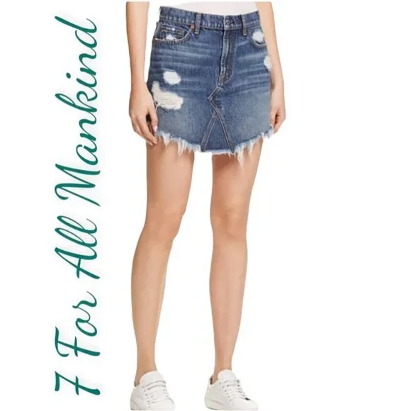 7 FOR ALL‎ MANKIND Raw Fringe Hem Denim Mini Skirt, Size 27 - Picture 3 of 10